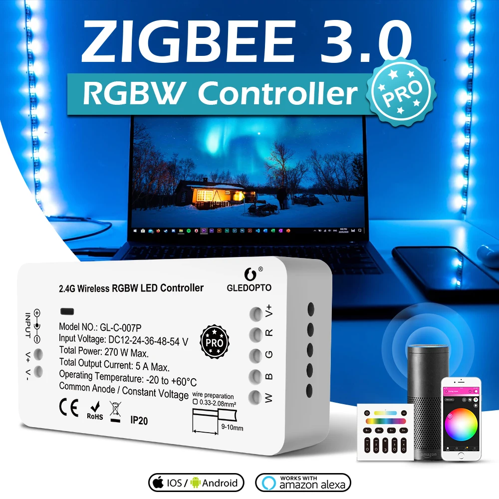 

Zigbee 3.0 Smart Light Pro RGBW LED Strip Controller Work with Hub Bridge Mobile Phone App Remote Voice Control