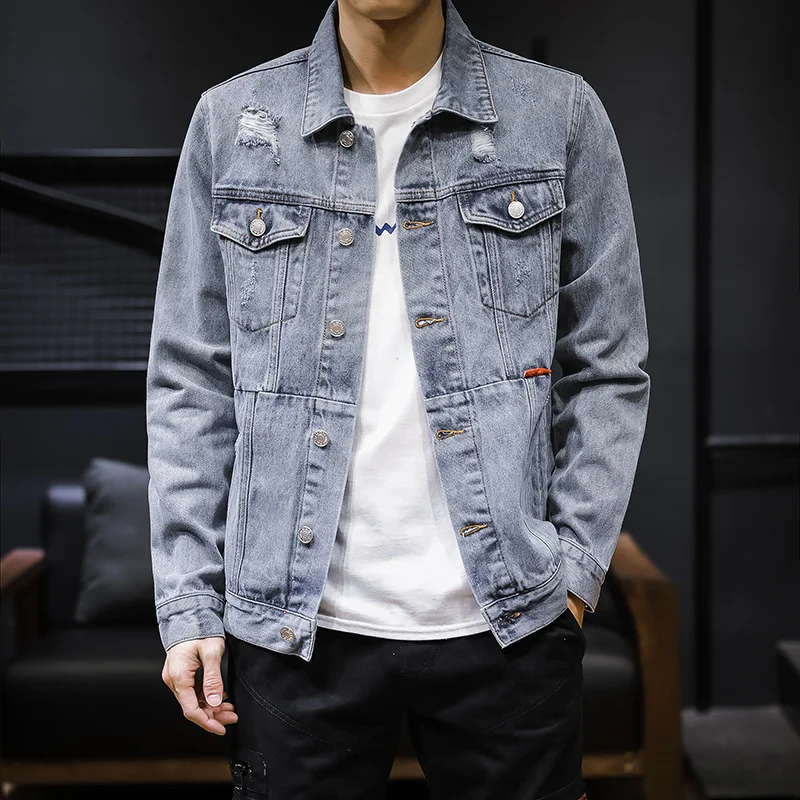 Winter New High Quality Men's Loose Trend Light Color Slim Simplicity Long-Sleeved All-match Handsome Pocket Hole Denim Jacket