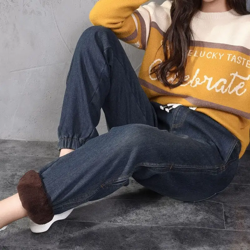 Plus Velvet Thicken Denim Harem Pants Women Autumn Winter Lace Up Warm Jeans Woman Casual Long Boyfriend Jeans For Women C6480