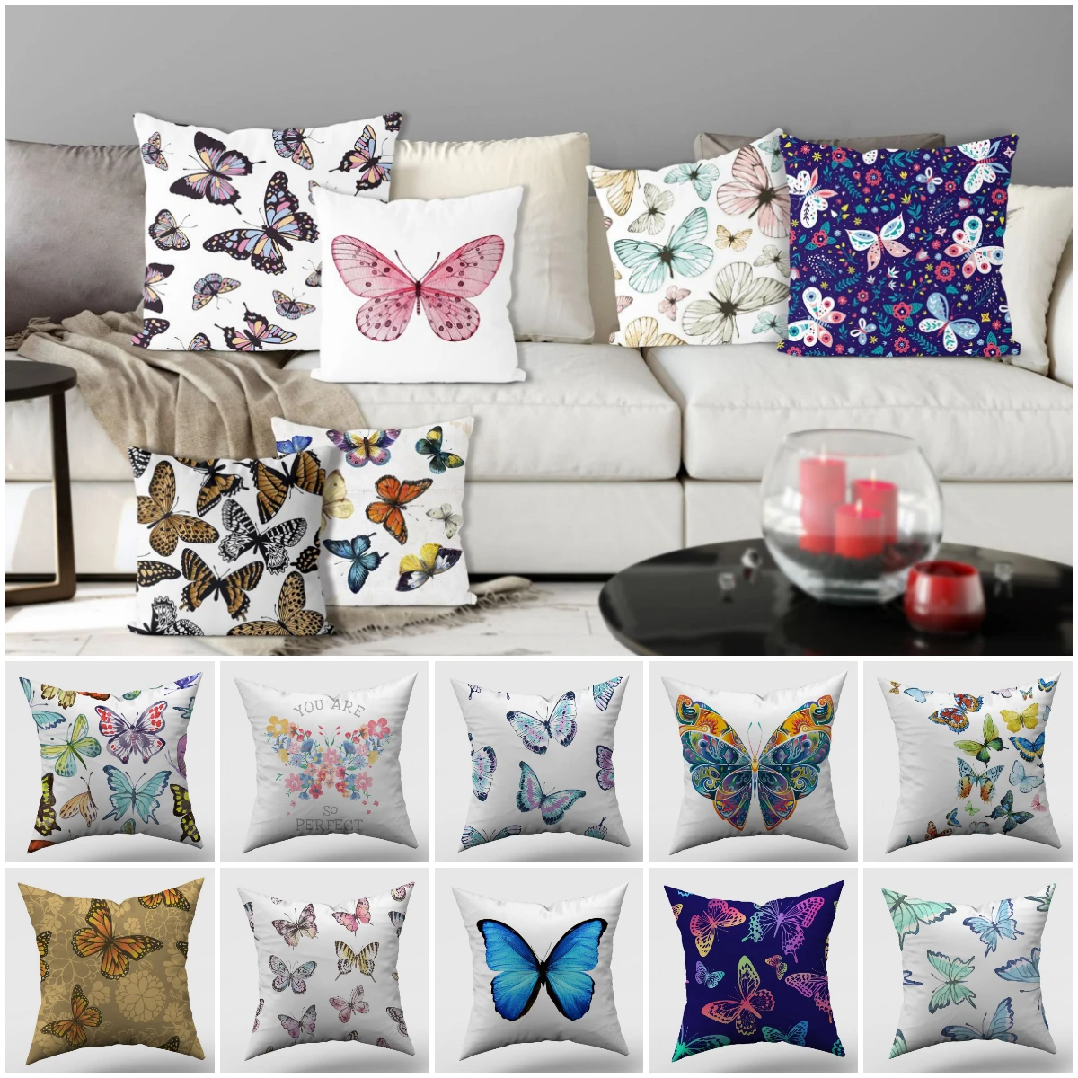 New Colorful Butterfly Print Cushion Cover Creative Modern Floral Pillow Case Livingroom Decorative Pillows Cover for Sofa Couch