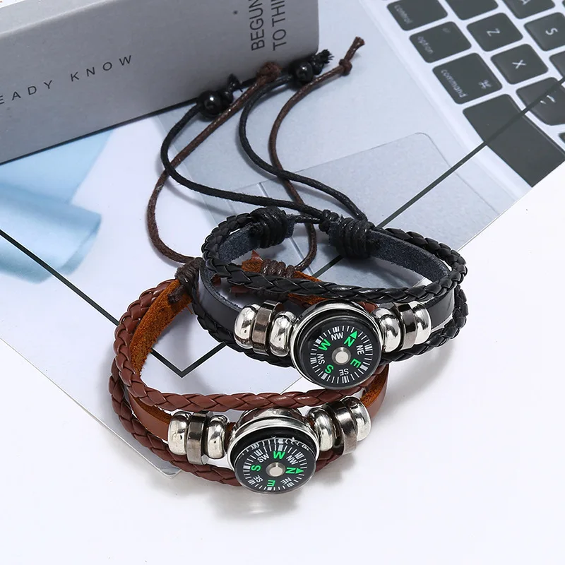 Pu Leather Compass Bracelet Waterproof Luminous Outdoor Camping Tool Tactical Wrist Compass Survival Adventure Woven Wristband