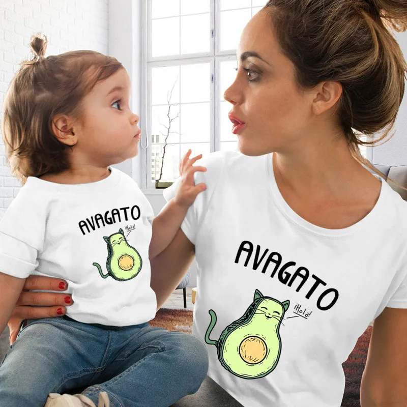 

Harajuku Mom and Daughter Matching Family Clothes Soft Casual White Cartoon Avocado Print T-shirt Women Tshirt Kids Clothes