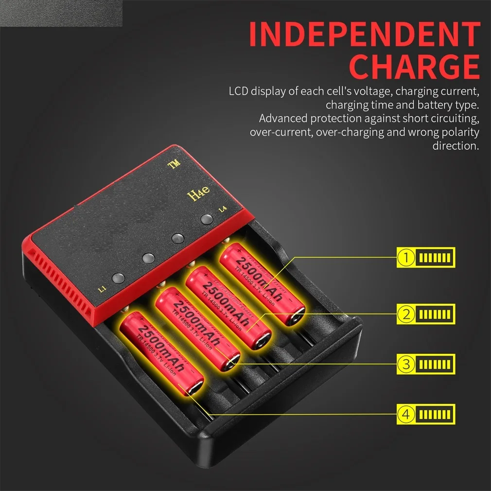 H4E Digital Lcd Display Battery Charger Advanced Protection Batteries For 26650/18650/18490/17335/16340/10440 US Plug