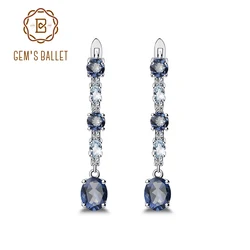 GEM'S BALLET 925 Sterling Silver Fine Jewelry 5.56Ct Natural Iolite Blue Mystic Quartz Sky Blue Topaz Clip Earrings For Women