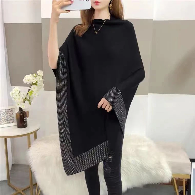 2023 Frühling neue Diamant Luxus Wolle Strick Umhang Fledermaus Cape Pullover Mode warm o Hals lose Umhang Poncho Pullover Schal Mantel