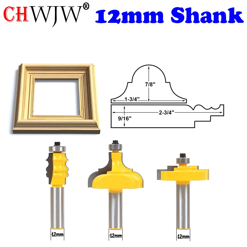 CHWJW 1-3PC 12mm 12.7mm Shank Stepped Rabbet Picture Frame Molding Router Bits - Complete Set Tenon Cutter for Woodworking Tools