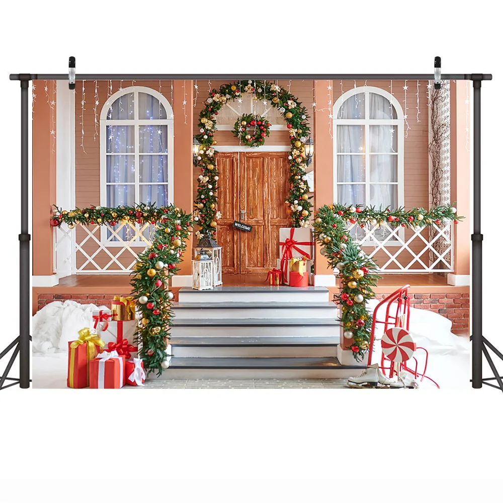 Inverno Natale Camino Ritratto Sfondo fotografico Finestra di neve Torta Smash Sfondo Alberi di Natale Buon Natale Photocall