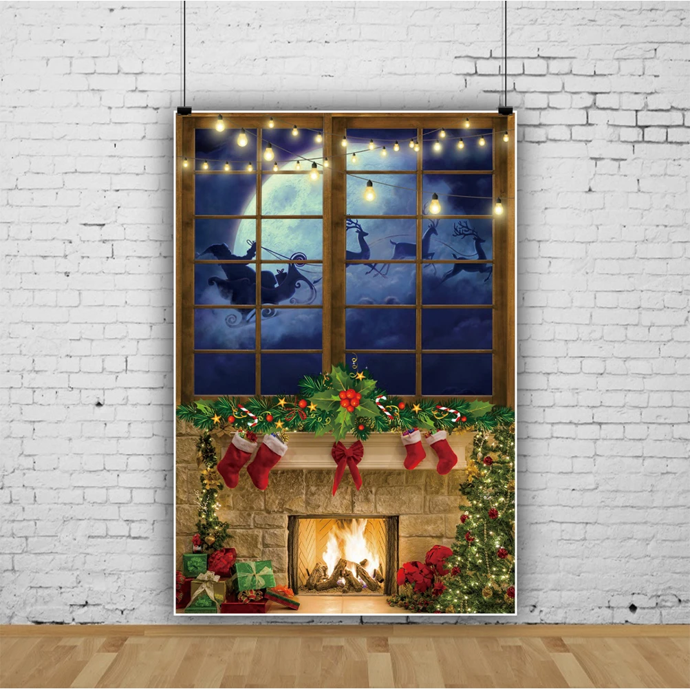 Christmas Winter Backdrop For Photo Festivals Rural Eve Santa Clause Moon Fireplace Flower Wreath Window Child Photo Backgrounds