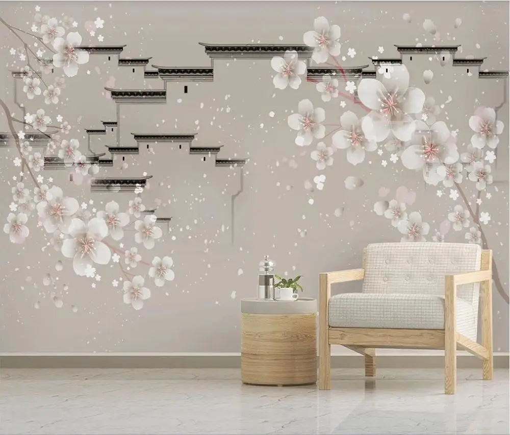 

XUE SU Custom wallpaper mural new Chinese style hand-painted ink plum blossom landscape background wall decorative painting