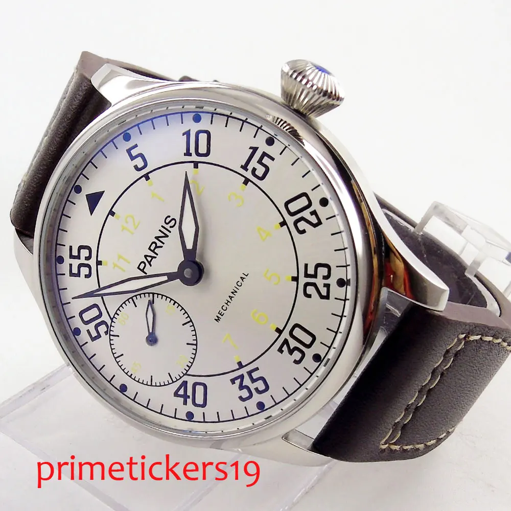 44mm Parnis Hand Wind Mechanical Watches Silver Case Hand Winding Watch Men Leather Strap With Box Gift Top Luxury Brand 2022