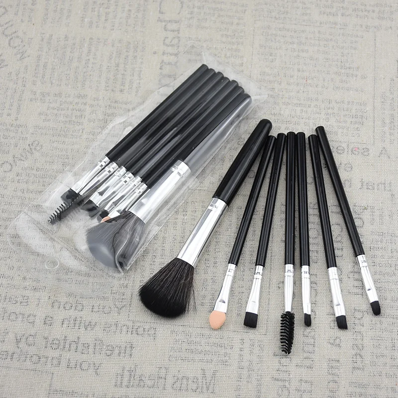 Saiantth 7pcs makeup brushes set Portable blush eyeliner eyelash eyebrow eyeshadow cosmetic kit black silver beauty tool PVC