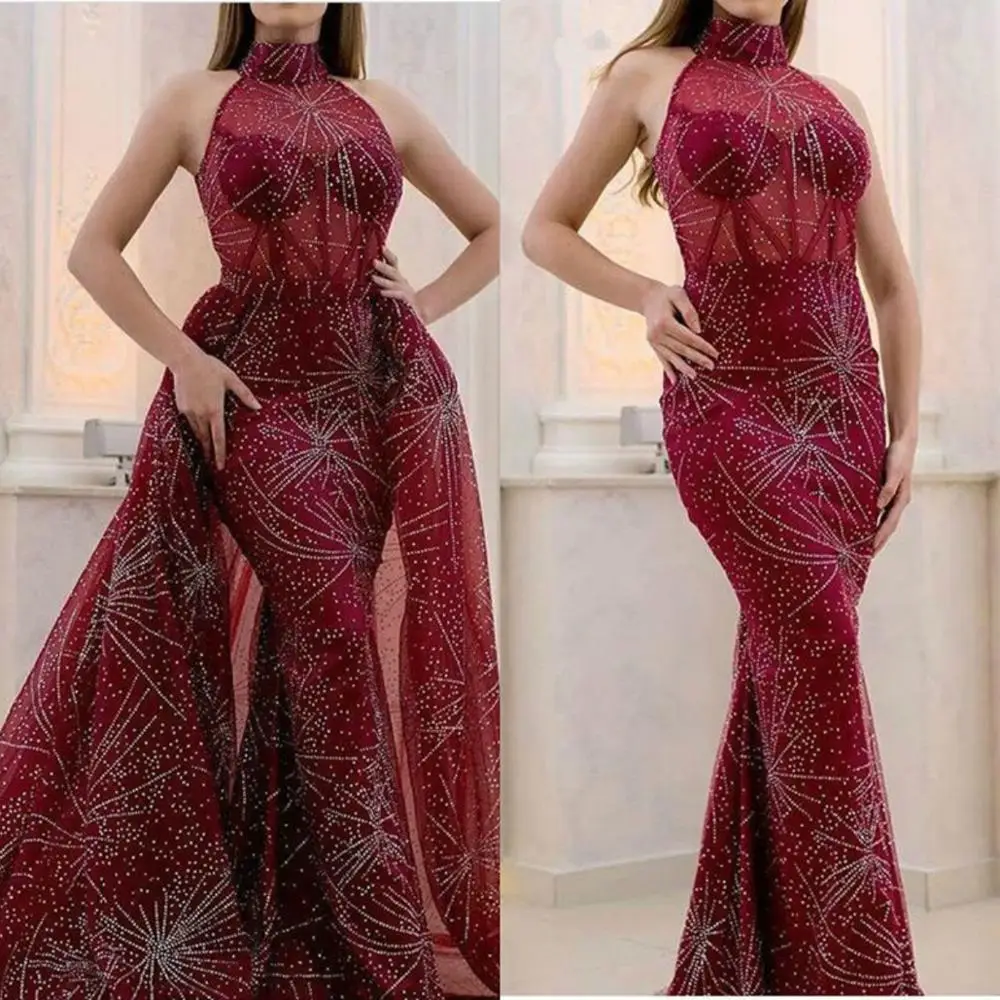 

Glitter Sequin Burgundy Long Prom Dresses With Detachable Train 2020 High Neck Saudi Arabic Women Mermaid Evening Gowns Robe De