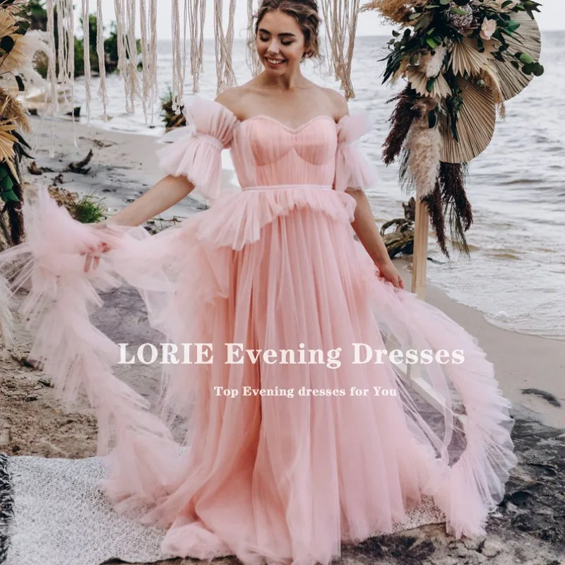 LORIE สีชมพูพรหมชุด Sweetheart Ruffled แยกแขน A-Line Tulle รัดตัวชุดราตรีชื่อเสียงชุดแต่งงาน