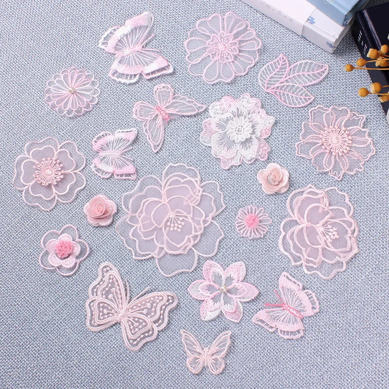 Iron or Sew on Lace Embroidery Patches Pink Rose Flower Butterfly Applique for Clothing Dress Stripes Clothes Wedding Decoration