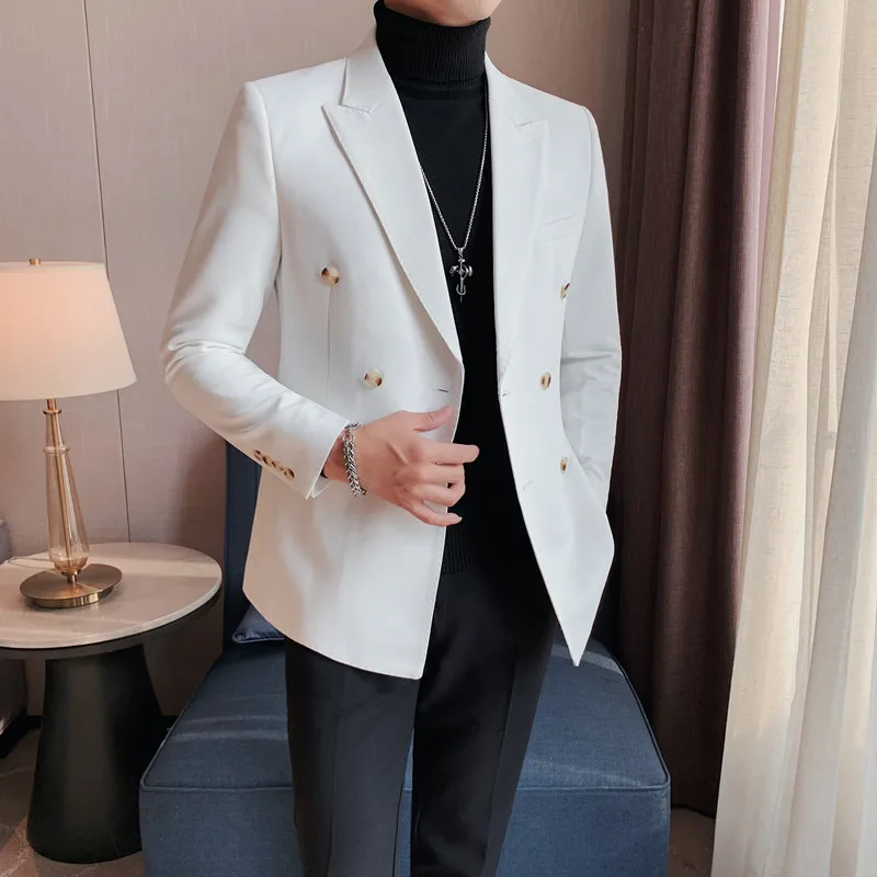 

2023 Fashion New Men's Casual Boutique Business Solid Color Double Breasted Dress Formal Suit Jacket Blazers Coat Cotton Jacket