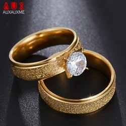 Auxauxme Bling White Stones Engagement Rings for Couples Golden Titanium Steel Romantic Wedding Ring Women Men Jewelry