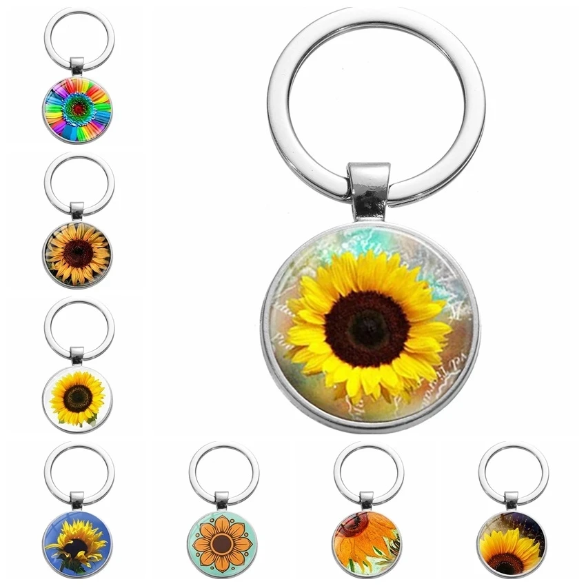 New Sunflower Time Gem Metal Keychain Hot Selling Glass Pendant Pendant Gifts in Europe and America