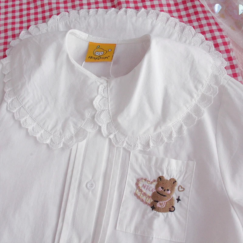 Japanse Kawaii Cartoon Wit Shirt Vrouwen Lolita Zoete Peter Pan Kraag Kant Button Down Blouse Zachte Meisjes Lange Mouwen Leuke tops