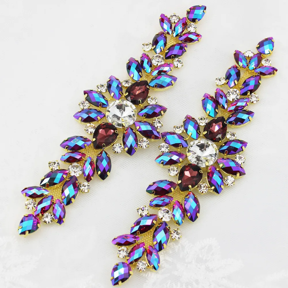 18.2X5.5cm AB naaien op Rhinestone Patch Mode crystal Golden Base Bloem strass applique Riem Voor bruiloft Avond jurk