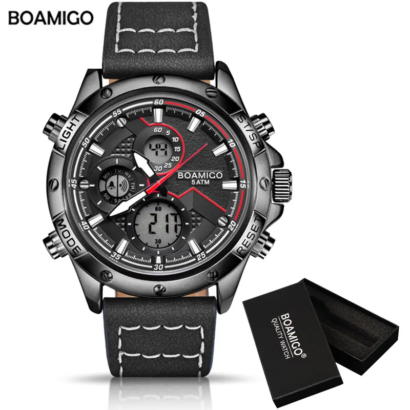 BOAMIGO Fashion Mens Watches for men Military Digital analog Quartz Chronograph sport Watch waterproof leather LED  reloj hombre