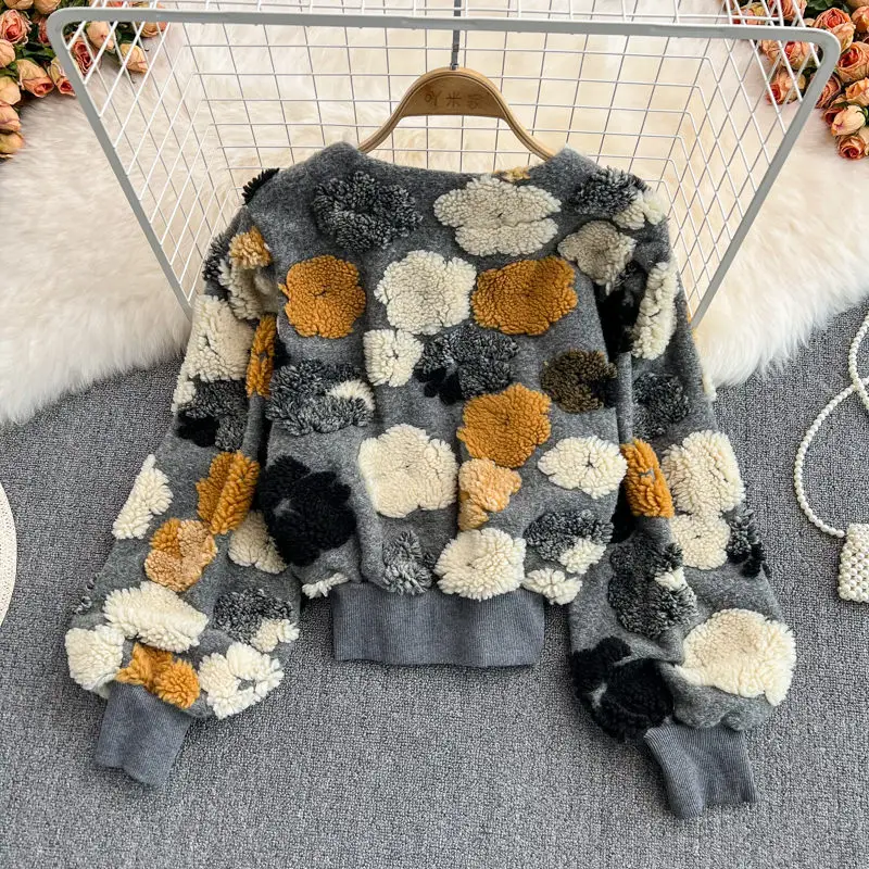 Cardigan à manches bouffantes et col rond pour femme, pull Chic rétro, avec fleurs en 3D, boutonnage simple, veste courte, printemps coréen, m196