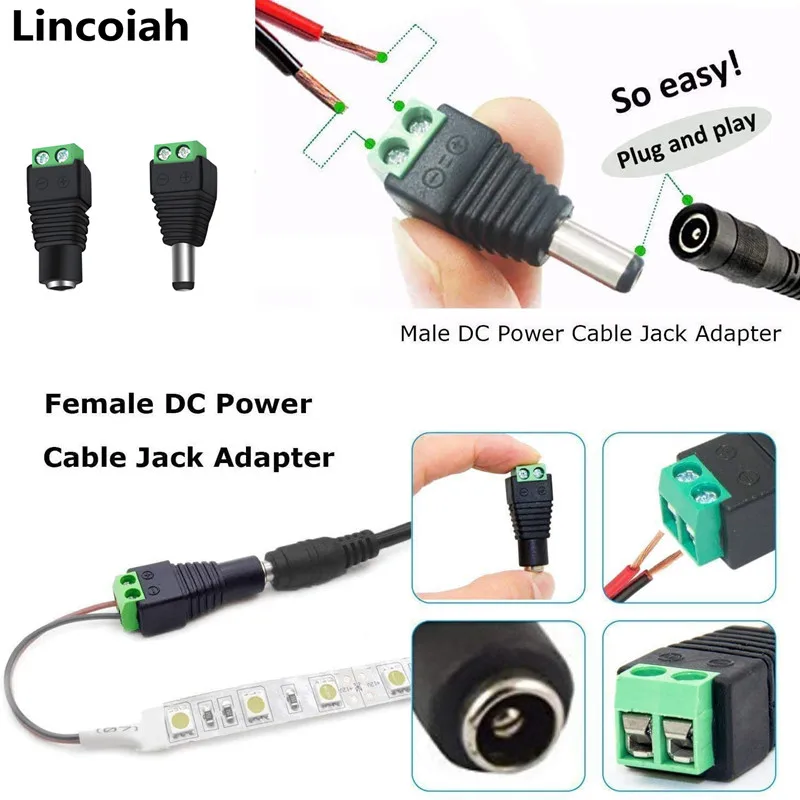 5 conectores de CC macho/hembra 5, adaptador de Cable de alimentación de CC de 2,1mm x 5,5mm, enchufe para cámara CCTV, tira de luz LED, Etc.