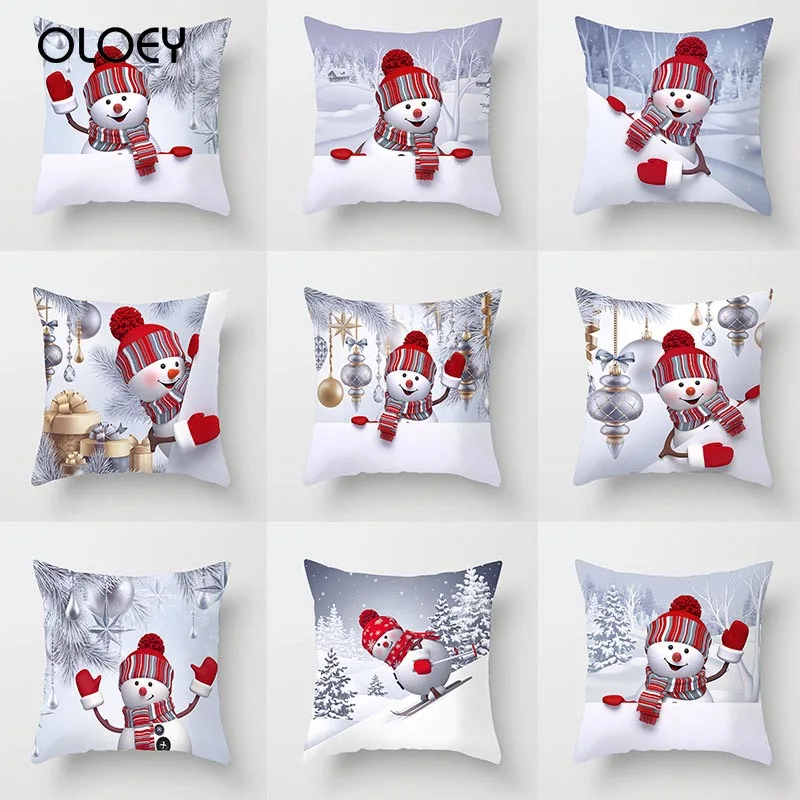 Sigle-sided Printing Polyester Christmas Decorative Throw Cushion Cover Cartoon Snowman Santa Claus Cushion Cover Car Home Decor