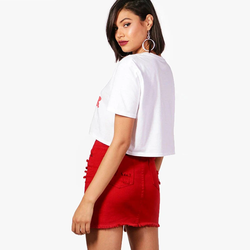 Mini Skirt Denim Tassel Women Irregular Ripped Jeans Distressed Frayed Edge Short Skirts Destroyed Beggar High Waist Street Red