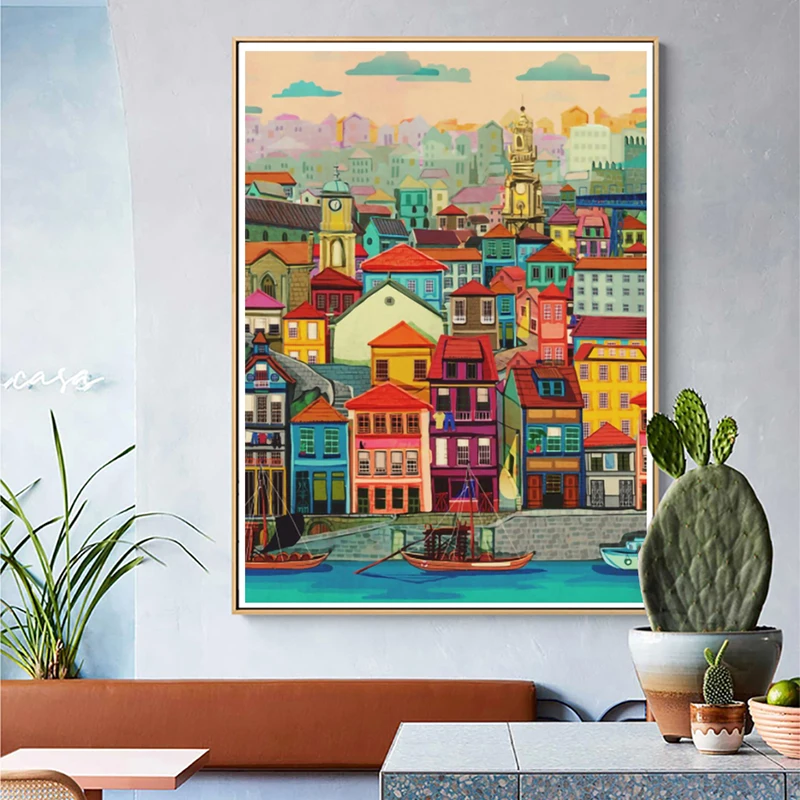 Colorful House By The Water Vintage Poster City Landscape Nordic Art Canvas Print Painting Wall Picture Modern Home Decoration