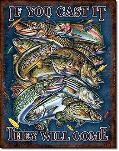 

syplog Vintage Metal Sign Fishing Cast It They Will Come Bass Bait Retro Poster Plaque Tin Sign Wall Decor for Kitchen Bar