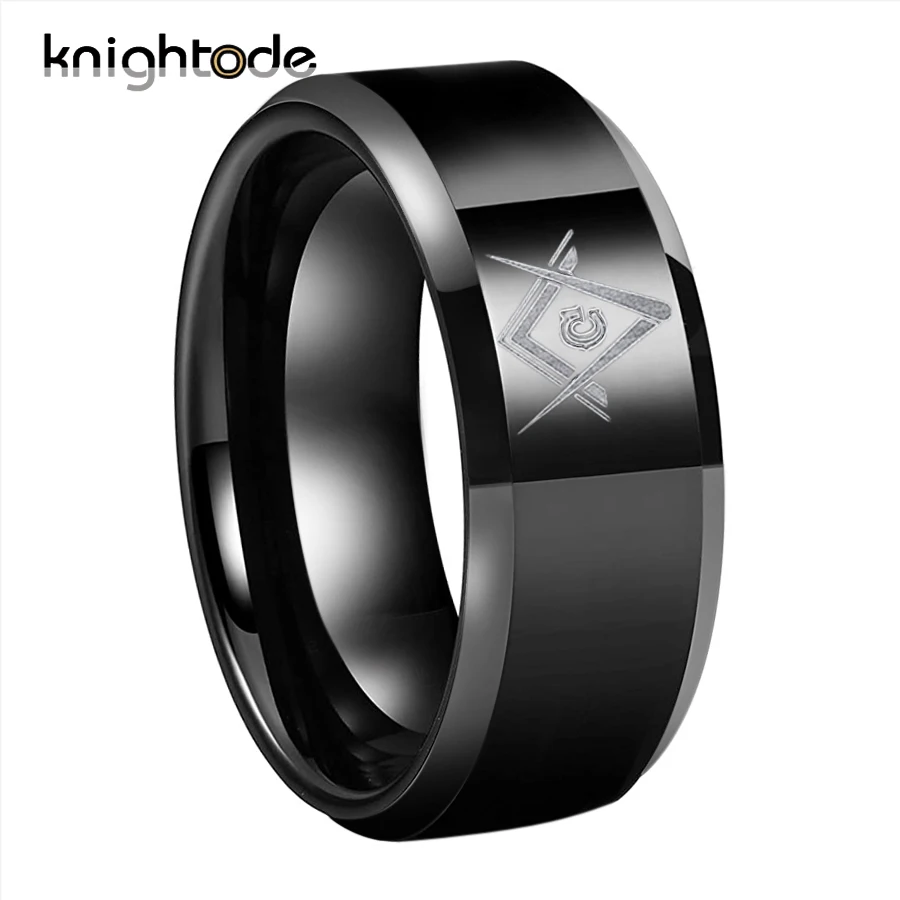 

8mm Black Tungsten Carbide Rings Engraved Masonic Logo For Men Women Party Jewelry Gift Silvery Bevel Edges Polished Comfort Fit