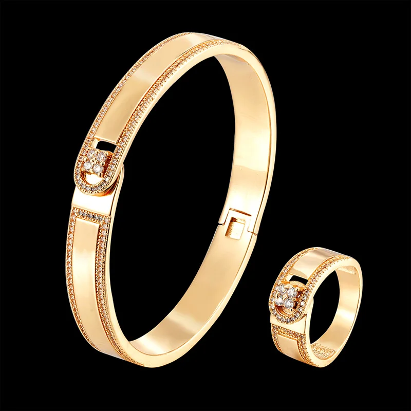 LanRuisha Simple bangle and ring women jewelry set with smooth middle and zirconium micro inlay classic accessories on both side