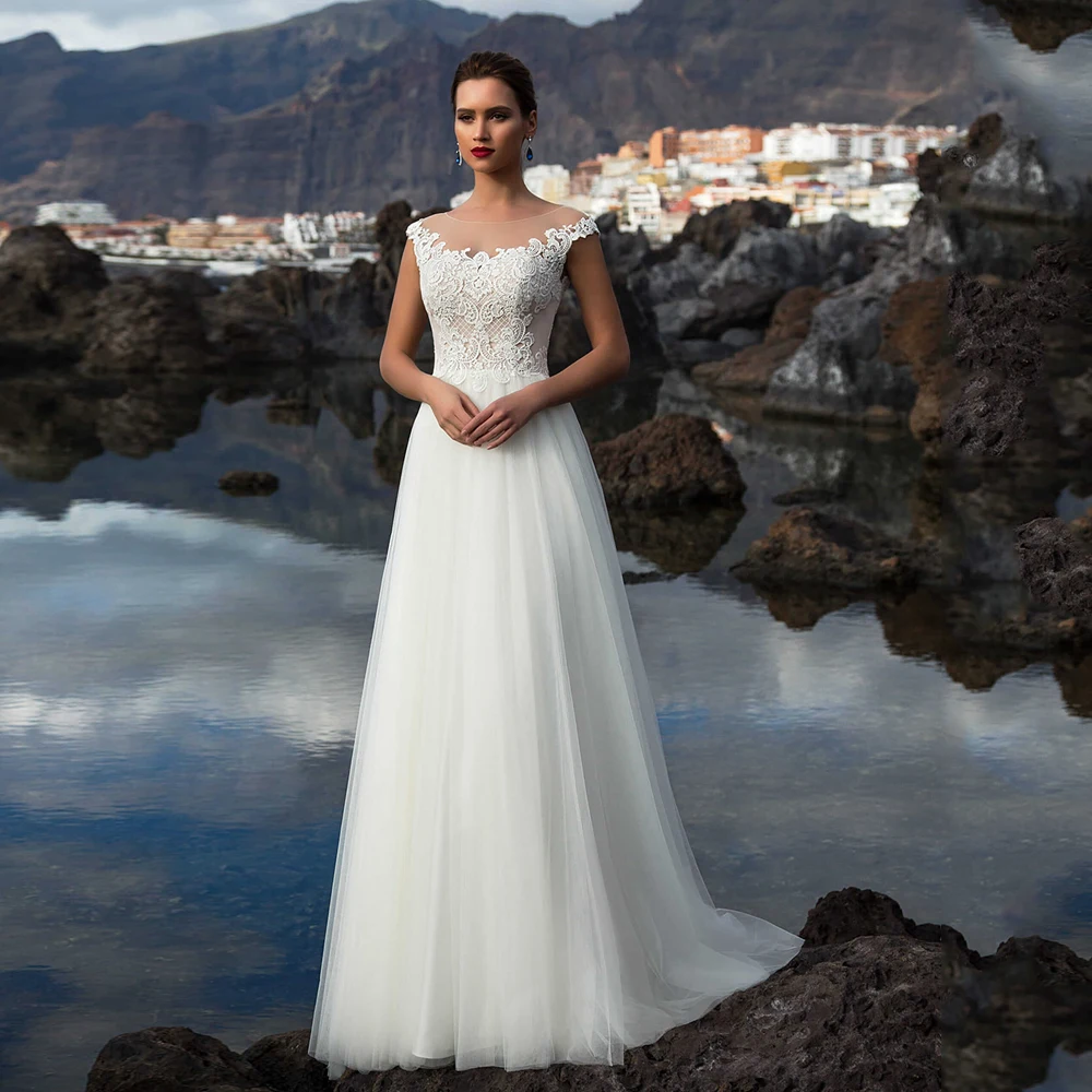 

A Line Beach Wedding Dress Elegant Cap Sleeve Scoop Neck Lace Appliqued Sweep Train Tulle Robe De Mariee Bridal Gown