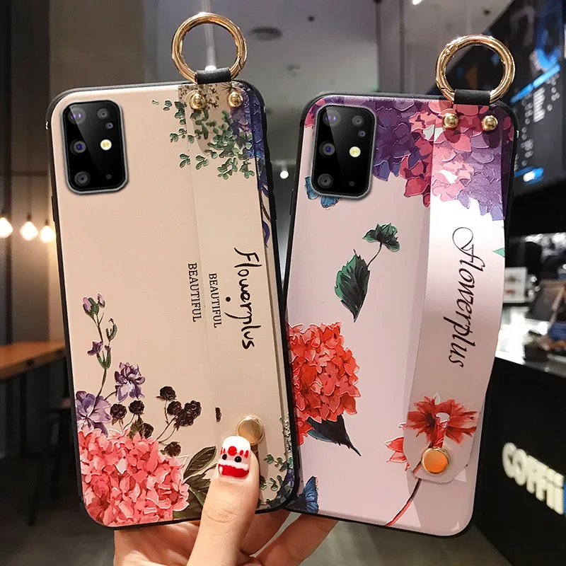 for Samsung S20 Plus A51 A71 A31 A32 52 A72 12 Note 10 Lite Case 3D Emboss Luxury Leaf Flower Wrist Strap Holder Back Cover Etui