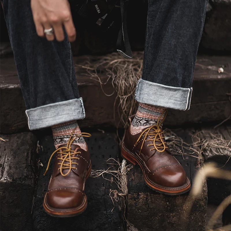 New Men Brown Formal Dress Shoes Handmade Vintage Cow Leather Ankle Boots Wedding Platform Boots Desert Motorcycle Boots Brogue