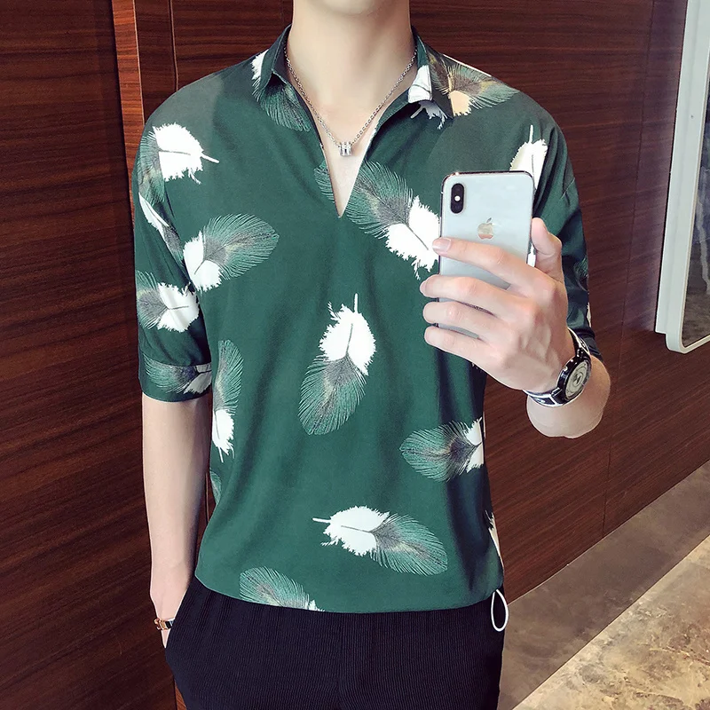 Floral Men Shirts Summer Thin V-Neck Short Sleeve Shirts Street Fashion Square Collar White Print Pullover Tops Male M-2XL