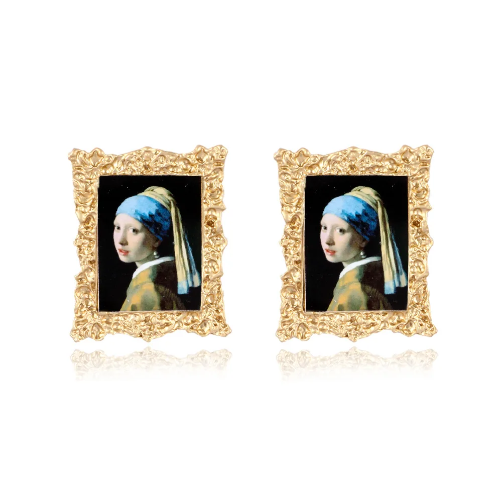 Lost Lady Vintage Mona Lisa Girl Stud Earrings Sunflower Painting Earrings for Women Geometric Earrings jewelry Wholesale Bijoux