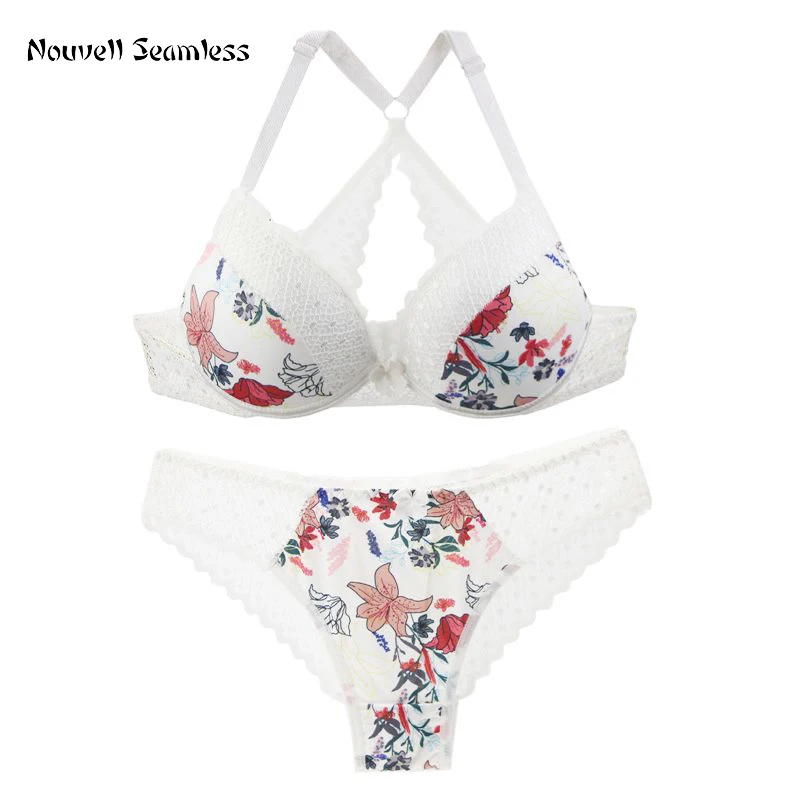 Nouvelle Seamless Brand Sexy Bras and Panty Set Push Up 3/4 Cup Brassiere Floral Deep V Womens Underwear Girls Bow Lingerie