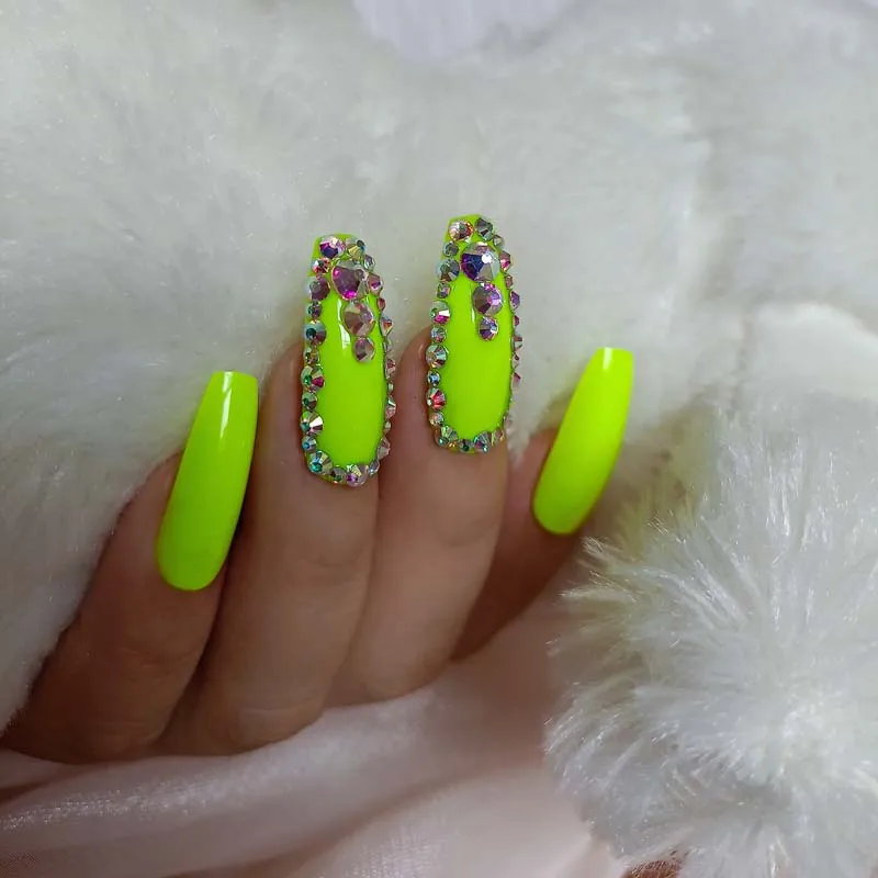 24pcs high-end fashion handmade crystal diamond long flat false nails green