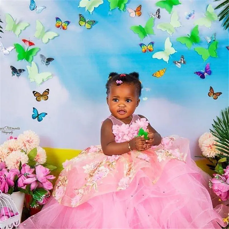 ลูกไม้สีชมพู3D ดอกไม้ทารกสาว Sheer คอลูกชุด First Birthday Party Gowns สาวชุด