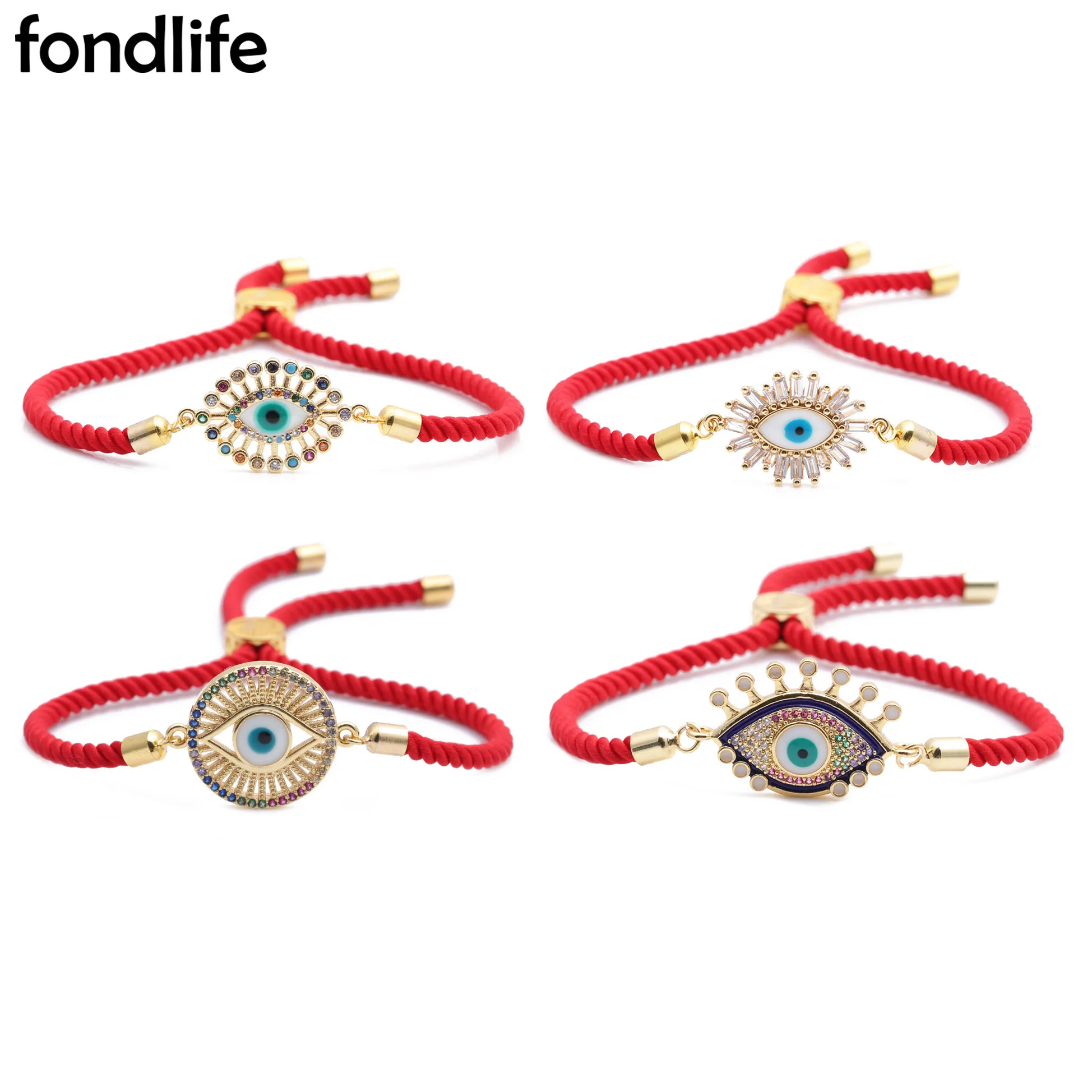 Multicolor Cubic Zirconia Stones Gold-plated Evil Eye Lucky Charm Bracelet Women Trendy Round Pretty Eyelash CZ Cord Jewelry Her