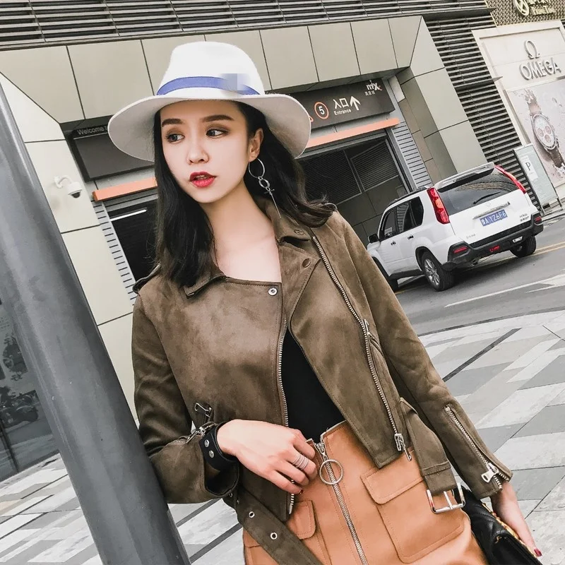 

Loose Women Long Sleeve Suede Biker Coat Turn-Down Collar Streetwear Zipper Short Jacket Solid Color Preppy Style Outerwear