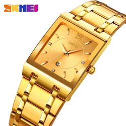 Luxury SKMEI Gold Square Mens Watches with Stainless Steel Band Quartz Wrist Watch Simple Automatic Date Relogio Masculino