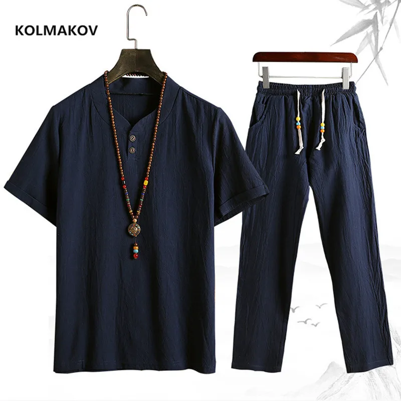 (Shirt + trousers) summer fashion men shirt Man Cotton and linen shirts Short sleeve men's casual shirts men full size M-5XL