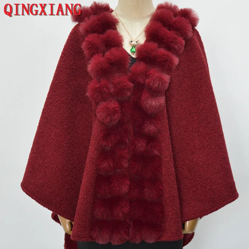 Winter Faux Rabbit Fur Ball Neck Loose Capes Poncho Women Luxury Coat Long Granular Velvet Cardigan Warm Thick Shawl Cappa