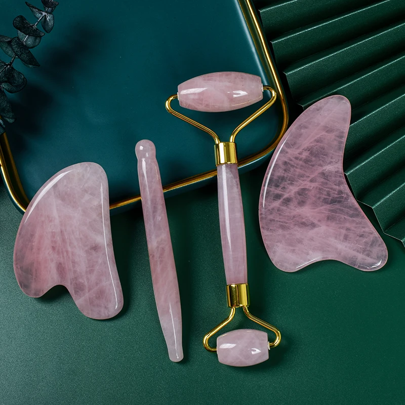 Natural Rose Quartz Face Care Massage Roller Gua Sha Tool Set Crystal Mineral Stone Health Eye Skin Acupuncture Beauty Massager