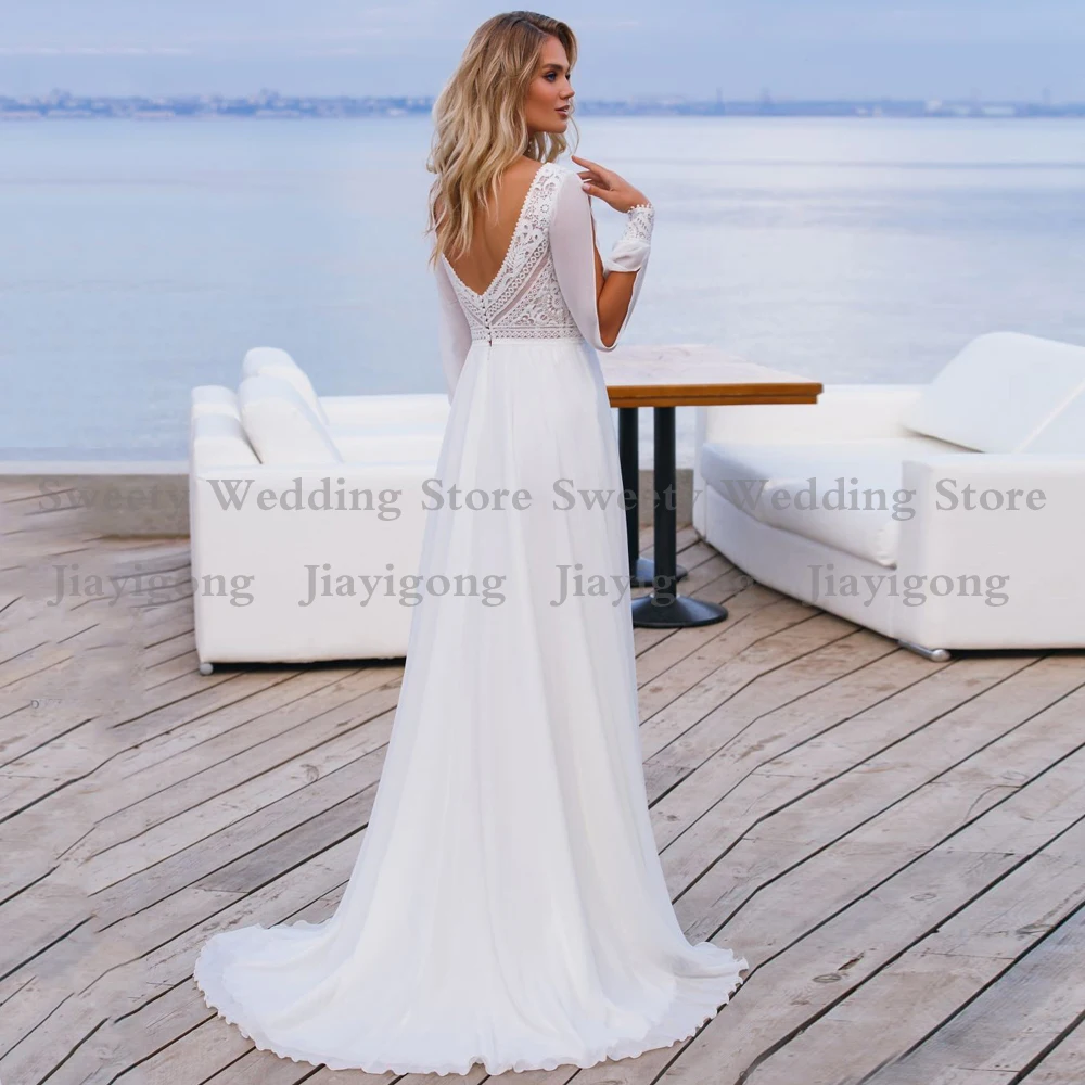 Charming Beach Wedding Dress Long Sleeves Cut V Neck Lace Chiffon Bridal Dresses Open Back Plus Size Bride Gown