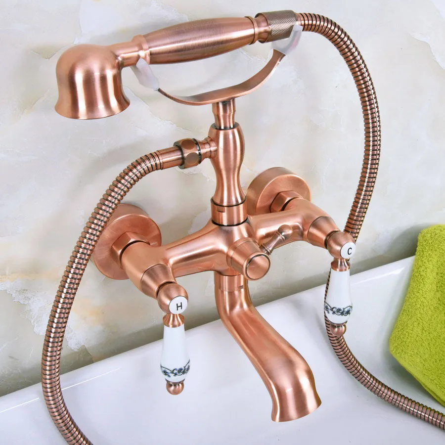 

Antique Red Copper Wall Mount Bathtub Bathroom Faucet Telephone Style Mixer Faucet Tap with Dual Handle Handshower zna328