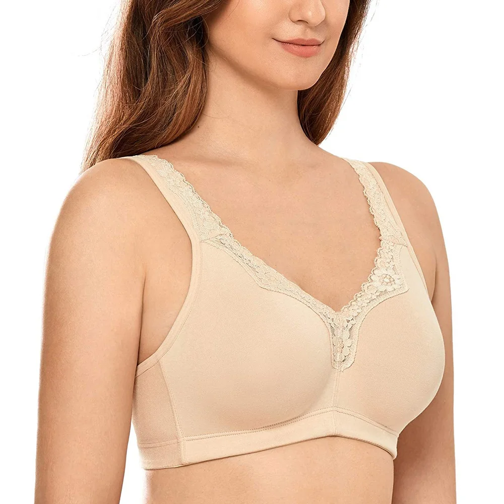 Wire free Non Padded Lace Trim Plus Size Wirefree Cotton Bra Women Soft Cup Sleeping Underwear Minimizer Bra C D E F G H I