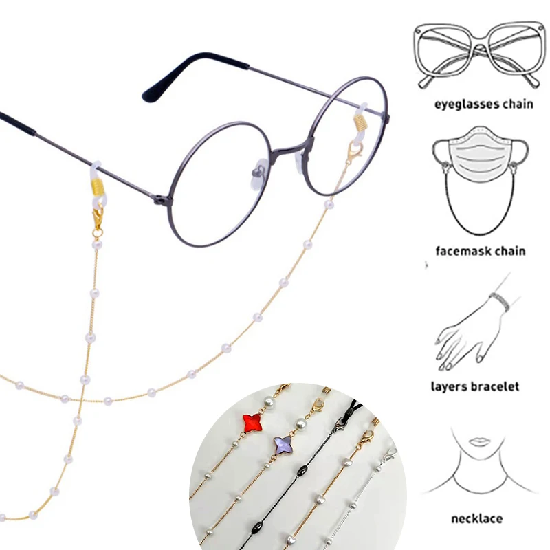 Eyeglass Chain White Plastic Bead Pearl Heart Color Crystal Charm Eyewear Retainer Glasses Holder Strap Women Necklace Gift